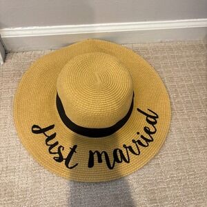 C.C. Company Just Married Floppy Sun Hat Tan Straw Embroidered Bride‎ Honeymoon